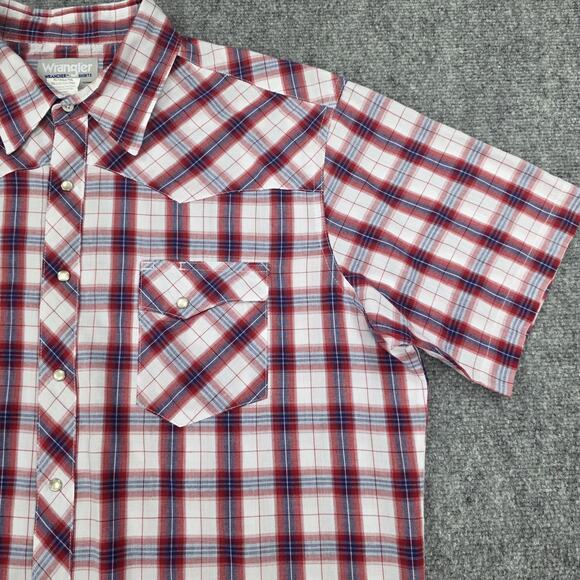 Wrangler Wrancher Shirt Mens XLT Red White Blue Plaid Pearl Snap Western Rodeo - Picture 14 of 15